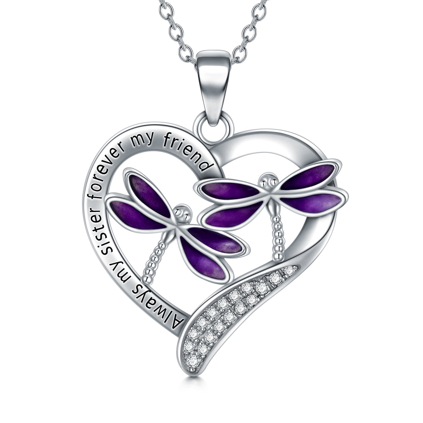 Purple Dragonfly Pendant Necklace In White Gold Plated Sterling Silver