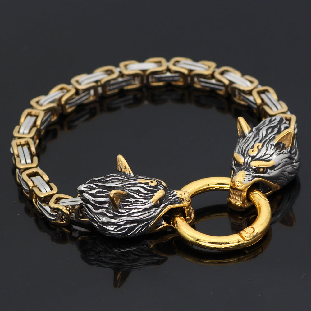 Stainless Steel Nordic Viking Wolf Head Emperor Chain Bracelet Men