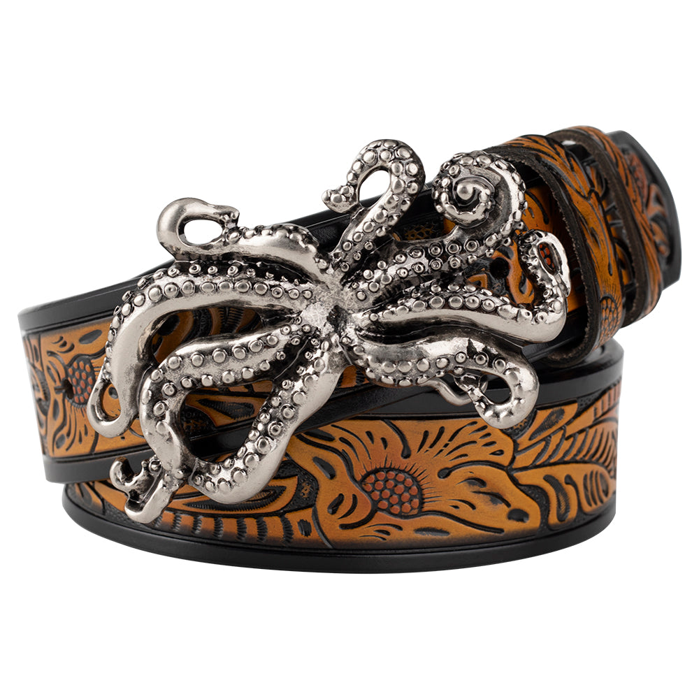 Animal Octopus Smooth Buckle Tang Grass Embossed Leisure Belt