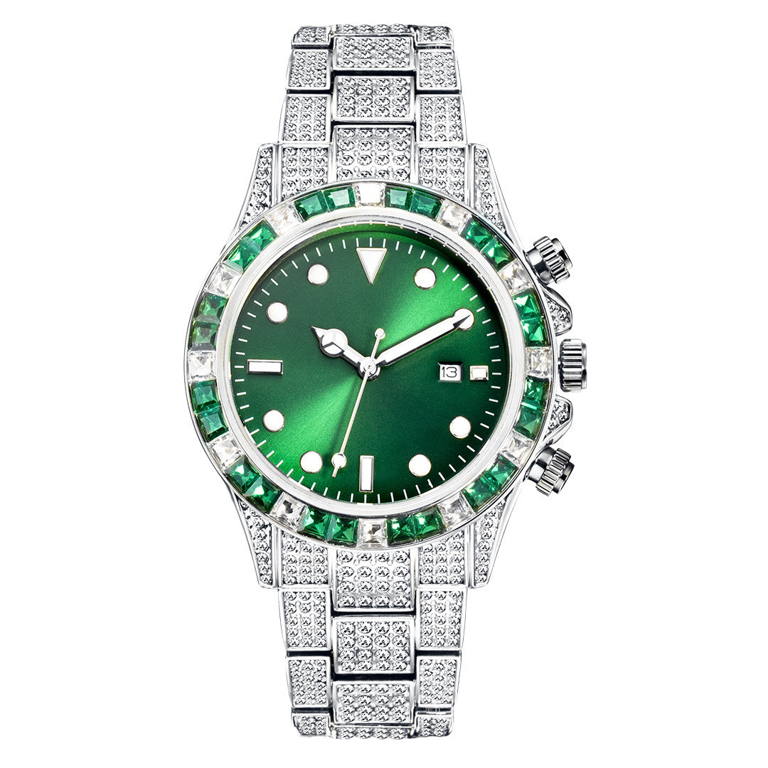 High-Grade Diamond-Encrusted Di Tone Full Diamond-Green Disk Sun Pattern Luminous Quartz Watch