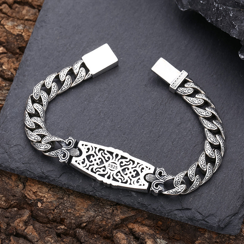 Sterling Silver Pattern Bracelet Tang Grass Men Thick Type