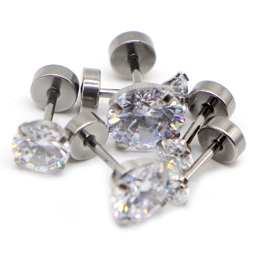 Titanium Steel Unisex Women Men Round Crystal Zircon Ear Studs Earrings