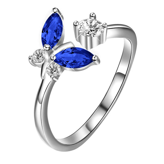 925 Sterling Silver Butterfly Ring With Sapphire Blue Crystal