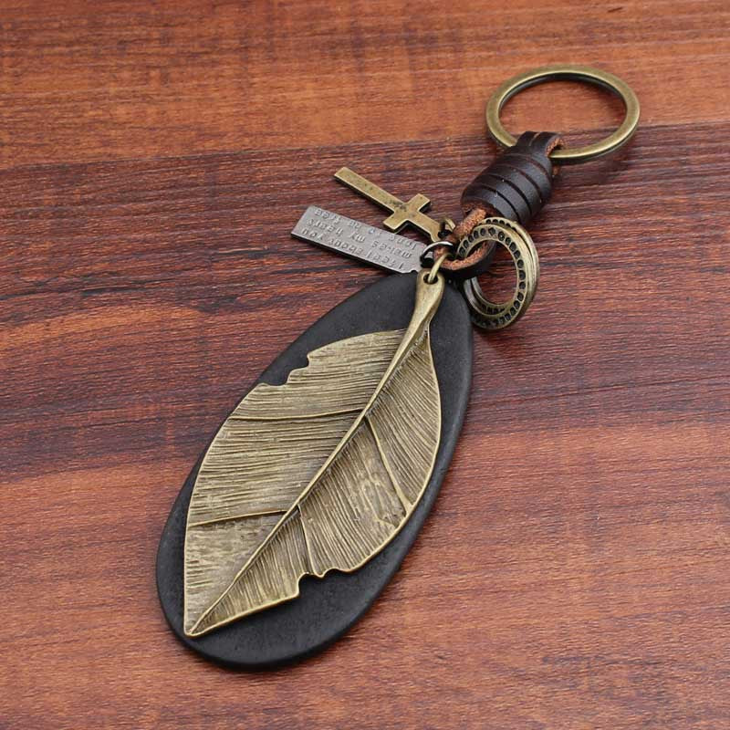 Pure Handmade Cowhide Leaf Keychain Retro Creative