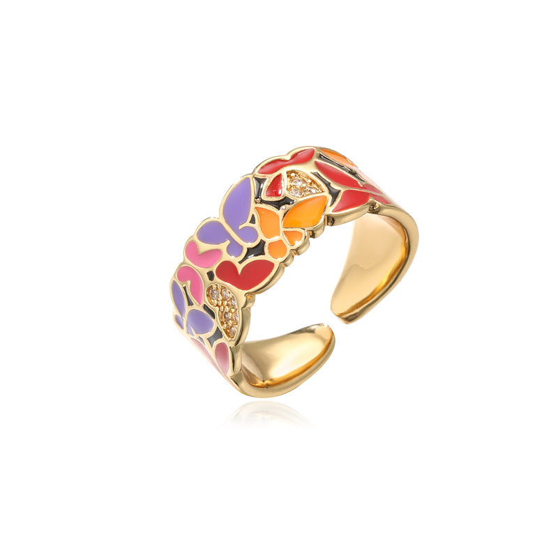 Fashionable Personality Dripping Copper Micro-Inlaid Zircon Butterfly Ring Female