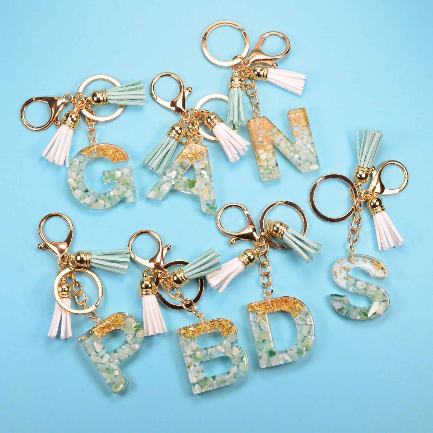 English Alphabet Keychain Tassel Pendant Stone Gold Foil Resin Key