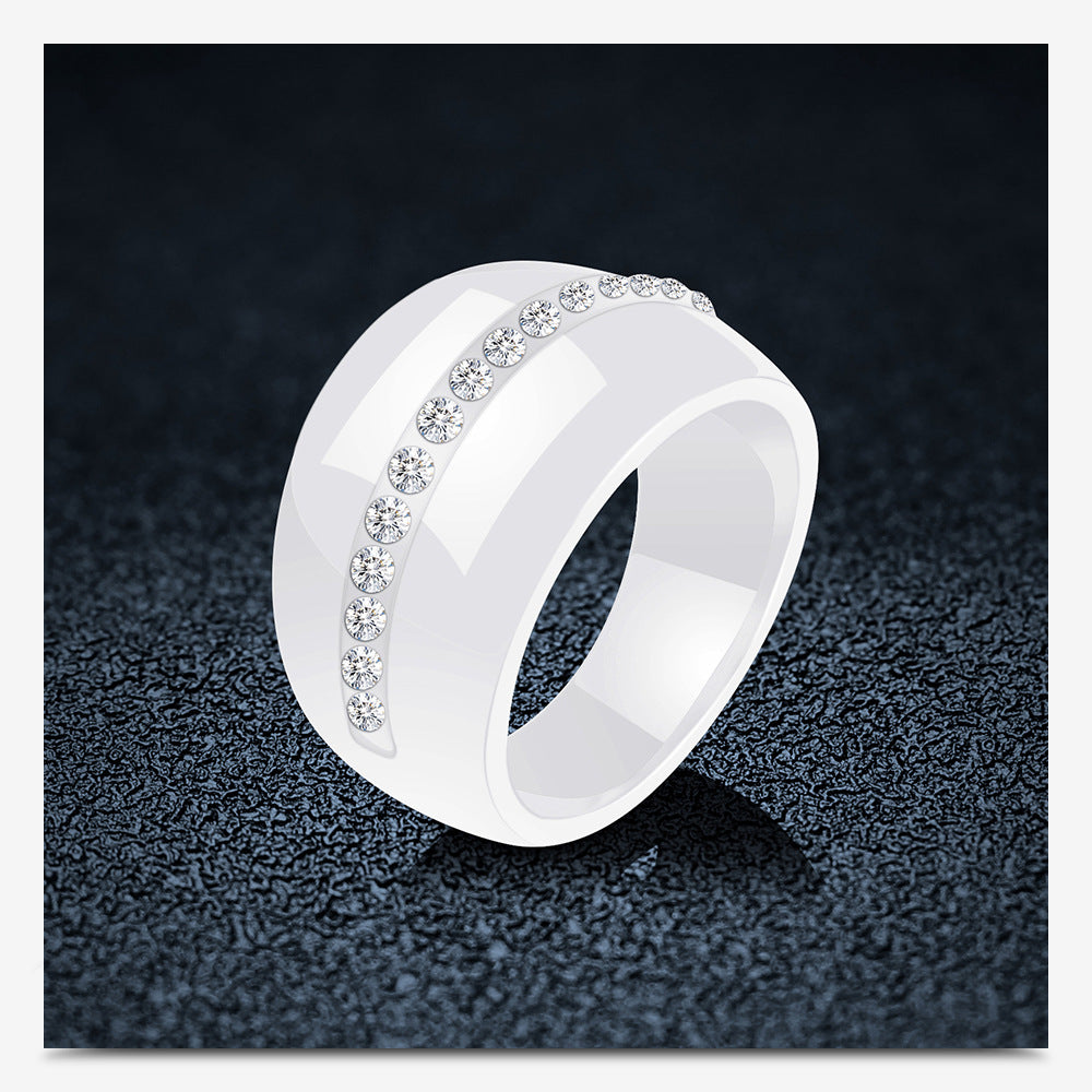 Single Row Diamond-Embedded Elegant Ceramic Ring