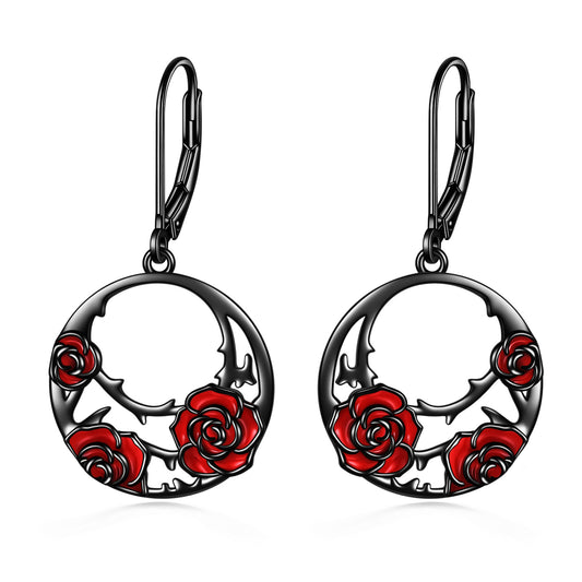 Sterling Silver Red Rose Flower Leverback Earrings Jewelry For Women