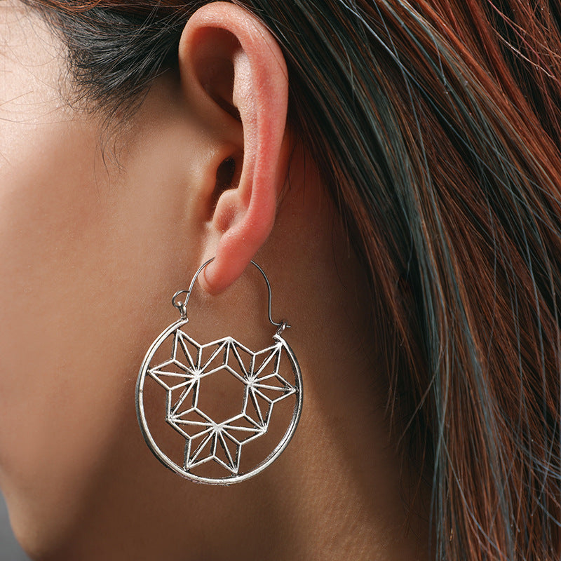 Retro Flower Triangle Geometric Round Hexagonal Earrings