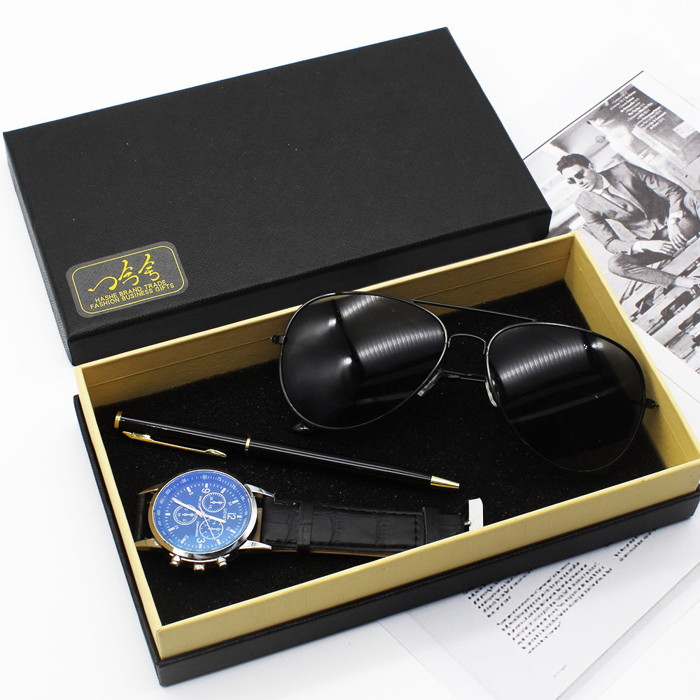 Elegant Men’s Accessory Set With Watch, Pen, And Sunglasses