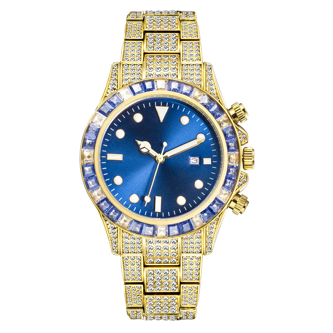 High-Grade Diamond-Encrusted Di Tone Full Diamond-Green Disk Sun Pattern Luminous Quartz Watch