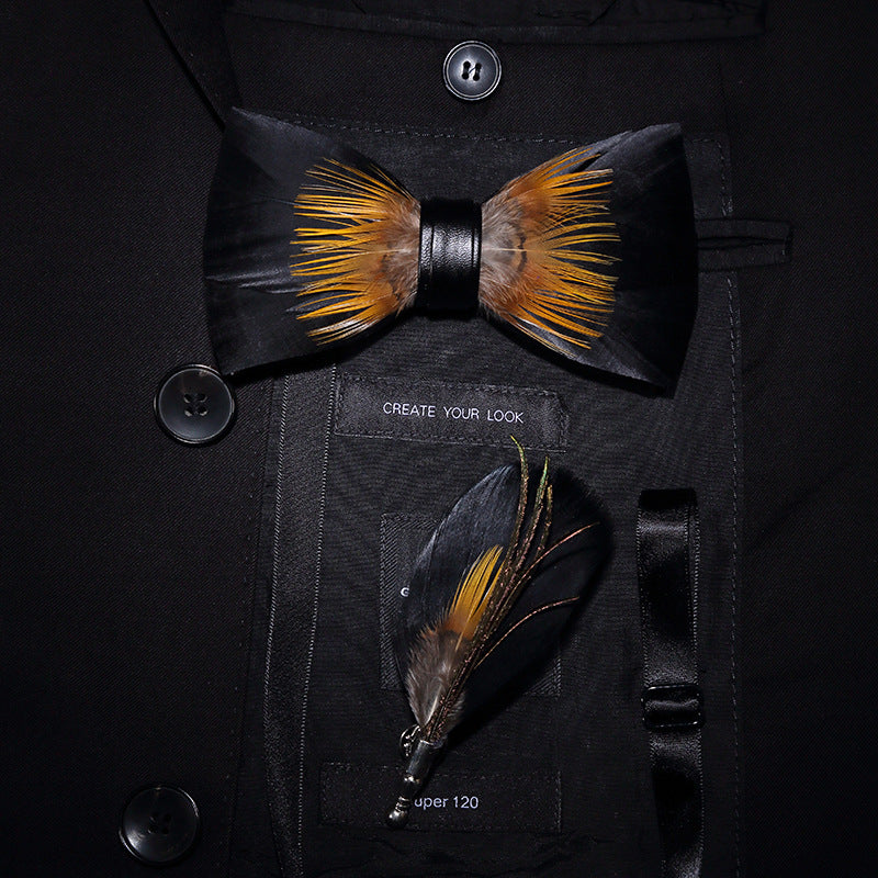 Fashion Feather Bow Tie Groomsman Brooch Collar Flower Pin