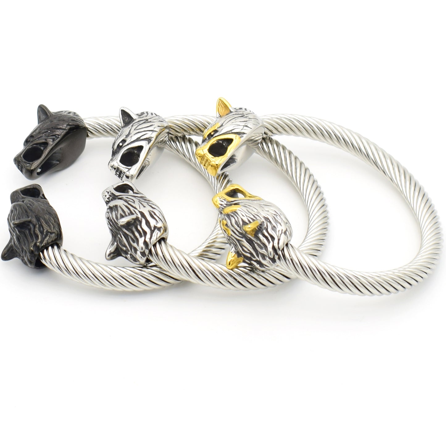 Asgard Crafted Handcrafted Stainless Steel Large Grey Wolf Head Torc Bracelet