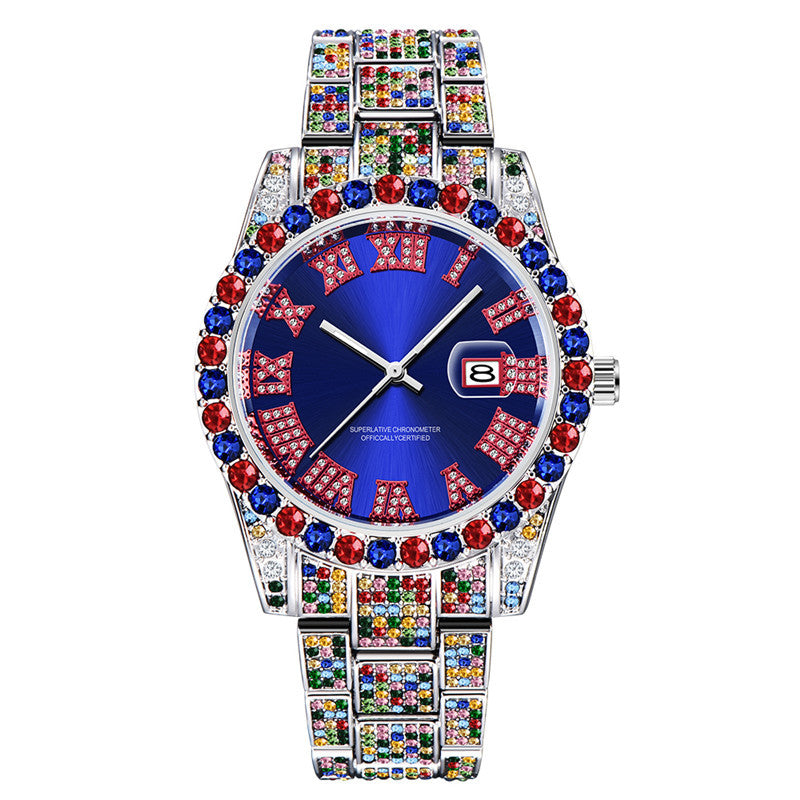 Hip Hop Men Fashion Color Full Diamond Date Quartz Watches