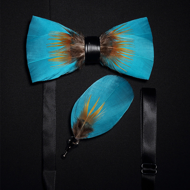 Fashion Feather Bow Tie Groomsman Brooch Collar Flower Pin