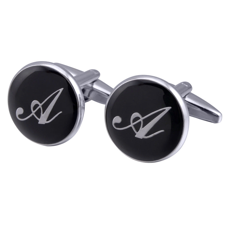 French Cufflinks Black Round Enamel Traditional Letter Cufflinks