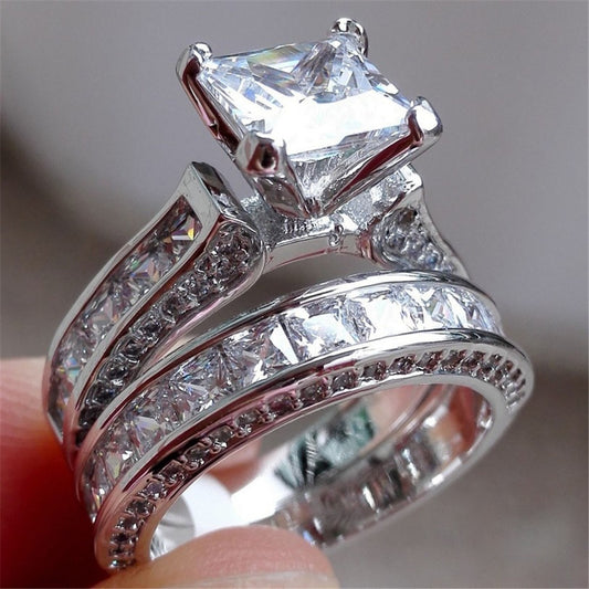 Hot Style Charm Couple Rings His Her Silver Color Princess Cut Cz Anniversary Promise Wedding Engagement Ring Sets