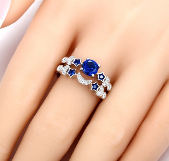 Hot Creative Moon Ring Women Europe And The United States Inlaid Blue Gem Engagement Ring