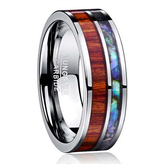 8MM Wide Tungsten Steel Ring With Polished Wood Grain Men's Wedding Rings