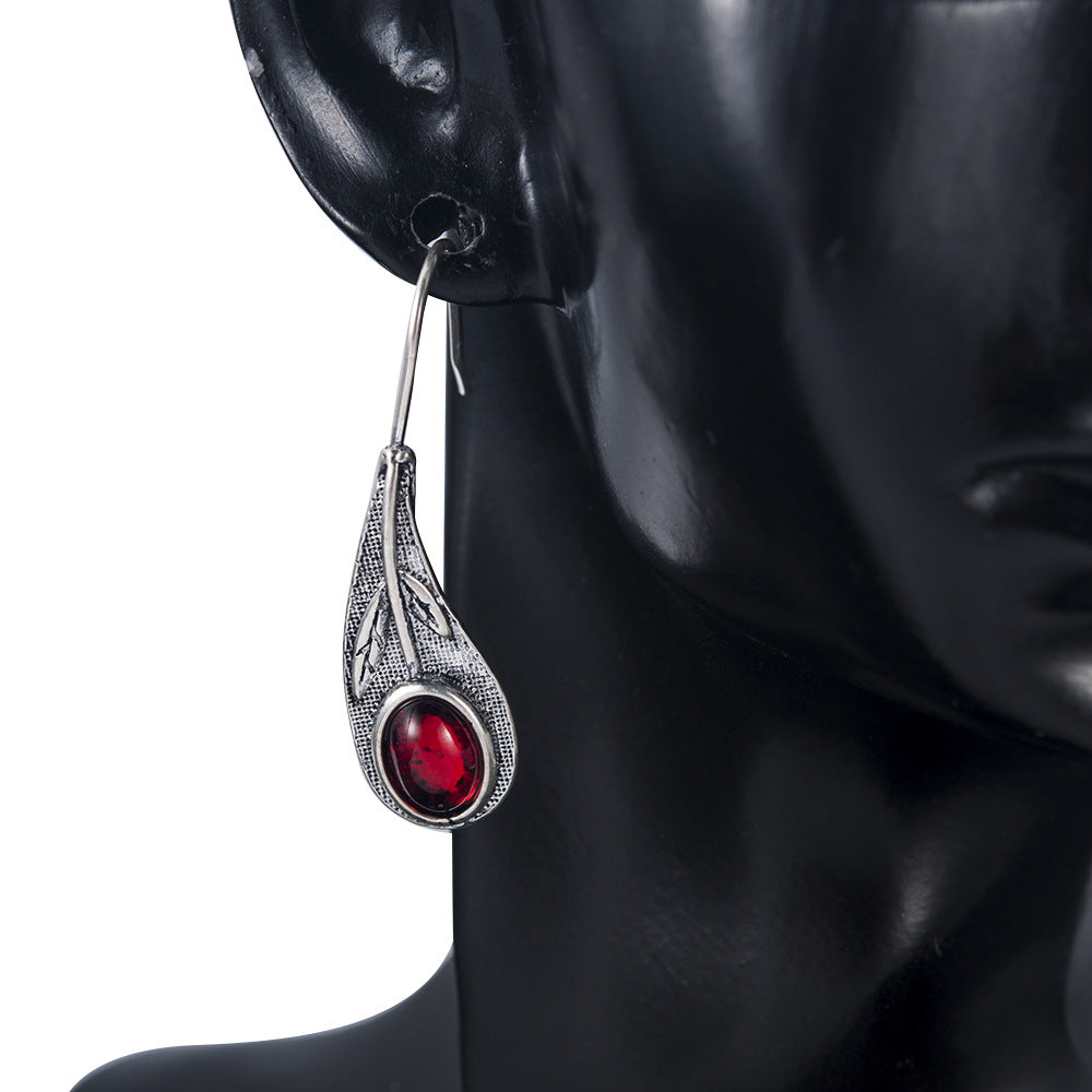 Red Gem Vintage Leaf Earrings