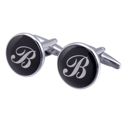 French Cufflinks Black Round Enamel Traditional Letter Cufflinks