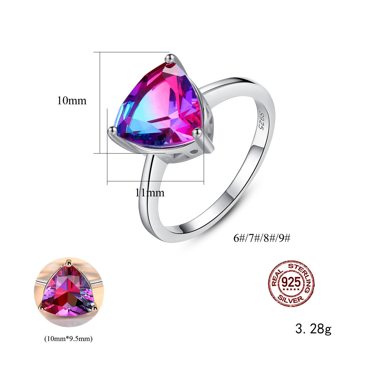 S925 Sterling Silver Ring Rainbow Stone Jewelry Ring