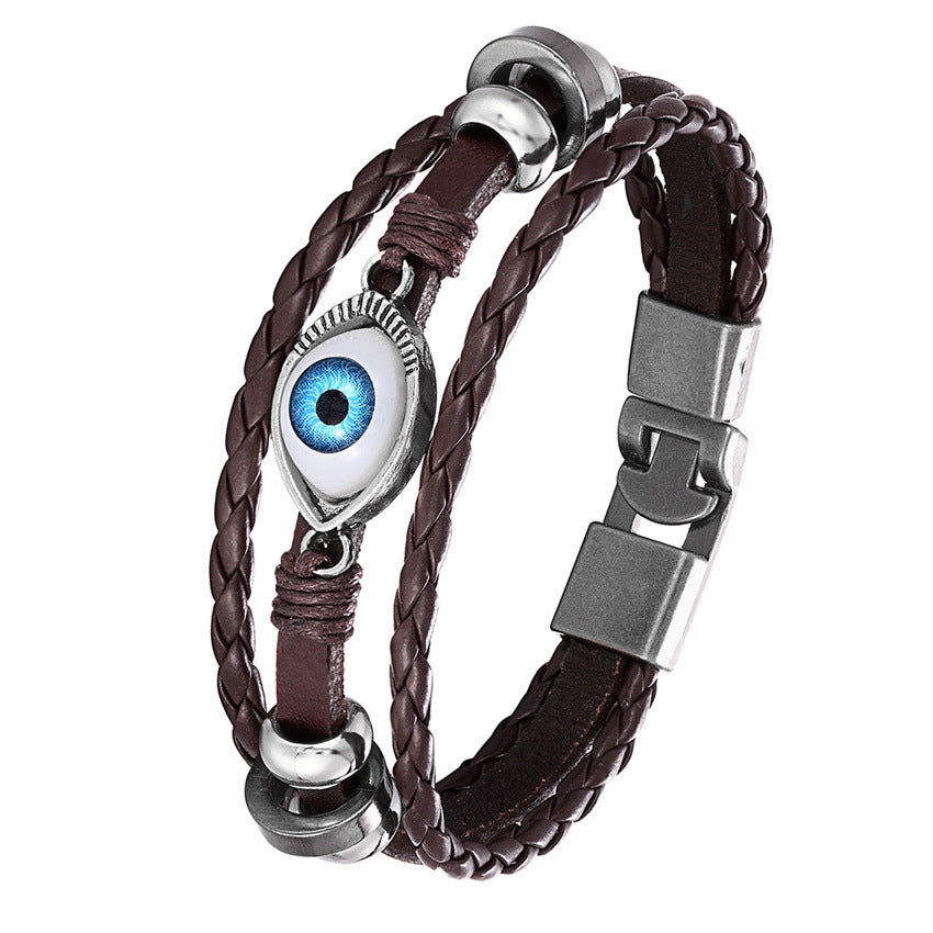 Multi-Layer Beaded Demon Eye Bracelet Double Buckle Leather Bracelet