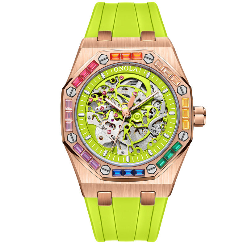 Men's Silicone Band Rainbow Diamond Automatic Mechanical Watch