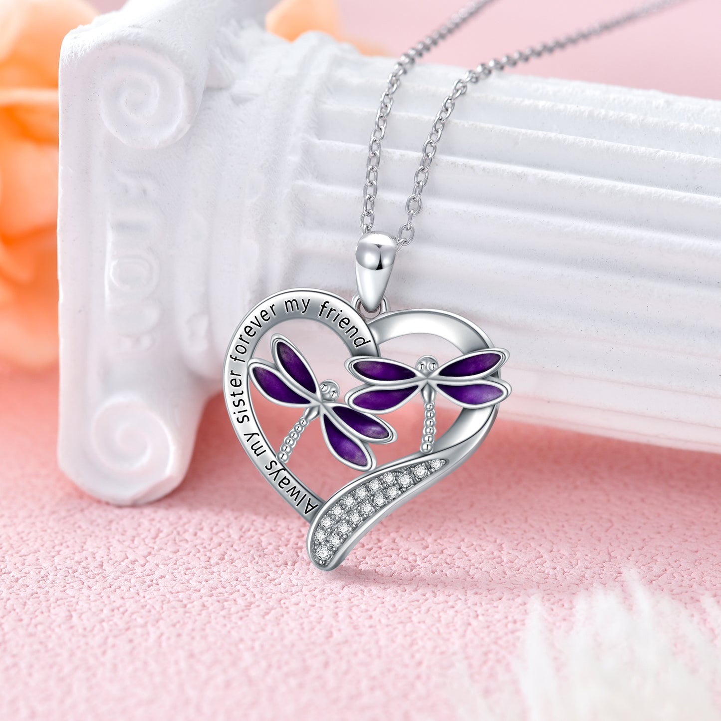 Purple Dragonfly Pendant Necklace In White Gold Plated Sterling Silver