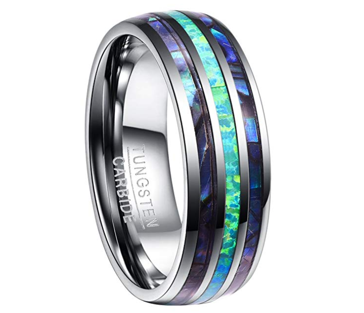 Nuncad 8MM Tungsten Caibide Wedding Ring Band Abalone Shell And Synthetic Opal For Men and Women