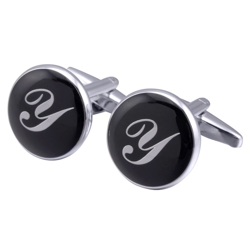 French Cufflinks Black Round Enamel Traditional Letter Cufflinks