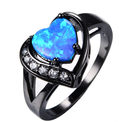 Female White Fire Opal Heart With Zircon Ring Black Gold Ring Promise Engagement Ring