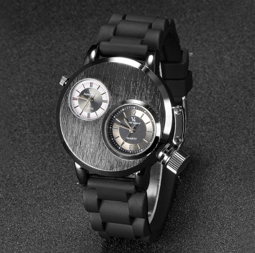 Mode Quartz Hommes Montres Gusseisen Cas Double Quartz Mouvements 2 Cadrans Sport Bande De Silicium Montre Militaire