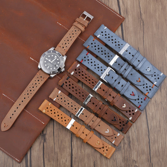 Gray-Blue Multi-Hole Stitching Leather Watch Band