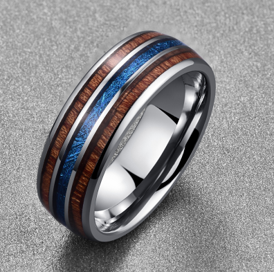 Hawaiian Koa Wood and Blue Vermiculite Tungsten Ring - A Stunning Piece of Art