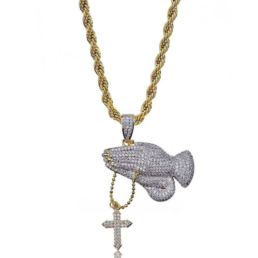 Celebrity Pendant Necklace With Praying Hands And Cross