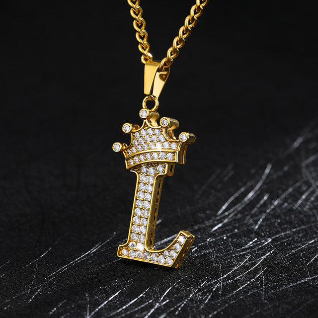 Crown Pendant Stainless Steel Letter Necklace