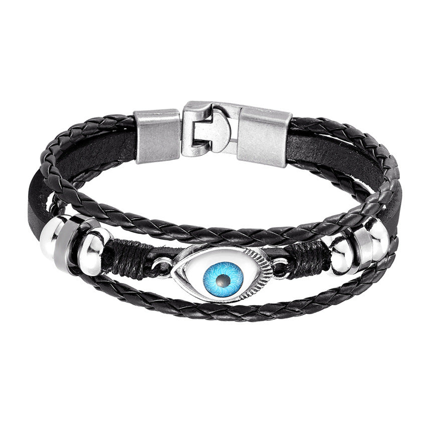 Multi-Layer Beaded Demon Eye Bracelet Double Buckle Leather Bracelet