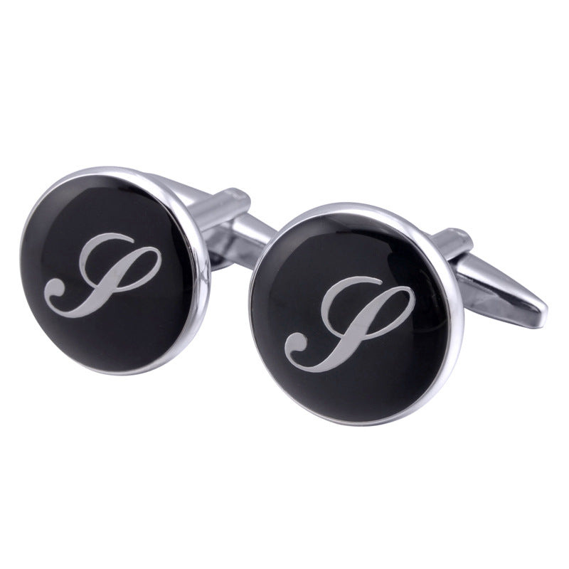 French Cufflinks Black Round Enamel Traditional Letter Cufflinks