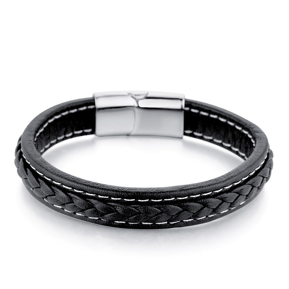 Cross Woven Design Leather Bracelet Stainless Steel Magnetic Buckle Bracelet