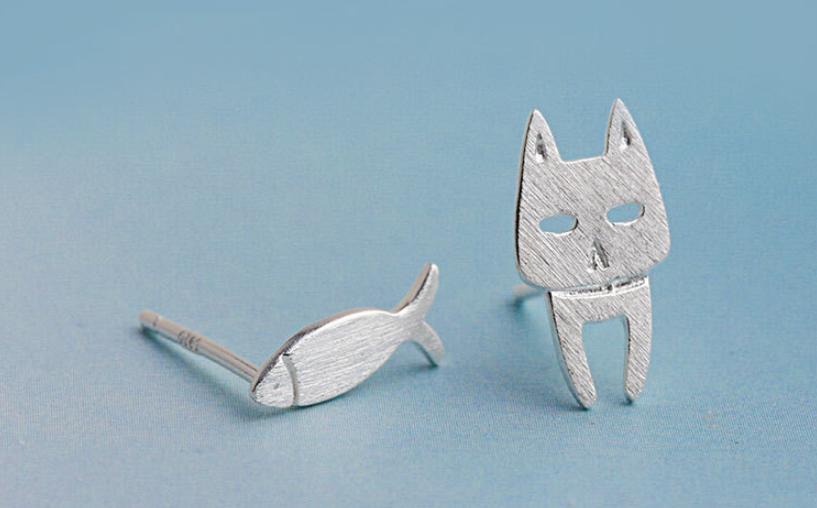 S925 Sterling Silver Stud Earrings Fashion Detachable Cat Fish Pin Studs Cute Comet Silver Earrings