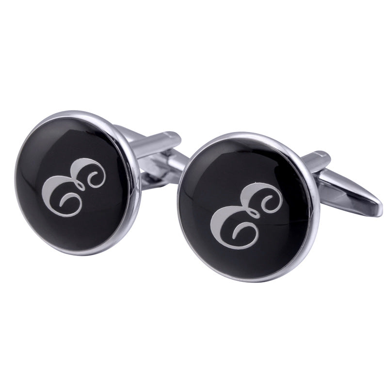 French Cufflinks Black Round Enamel Traditional Letter Cufflinks