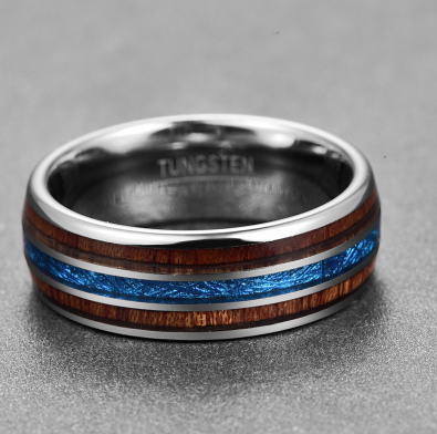 Hawaiian Koa Wood and Blue Vermiculite Tungsten Ring - A Stunning Piece of Art