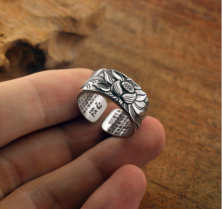 Thai Silver Black Lotus Heart Sutra  Ring