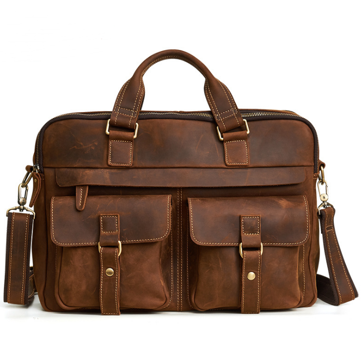 Genuine Men''S Bags Retro Men''S Business Bags Briefcase Cowhide Oblique Bag 15.6 Inch Laptop Bag