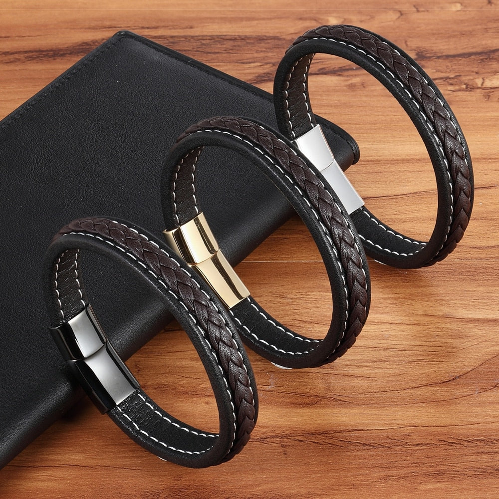 Cross Woven Design Leather Bracelet Stainless Steel Magnetic Buckle Bracelet