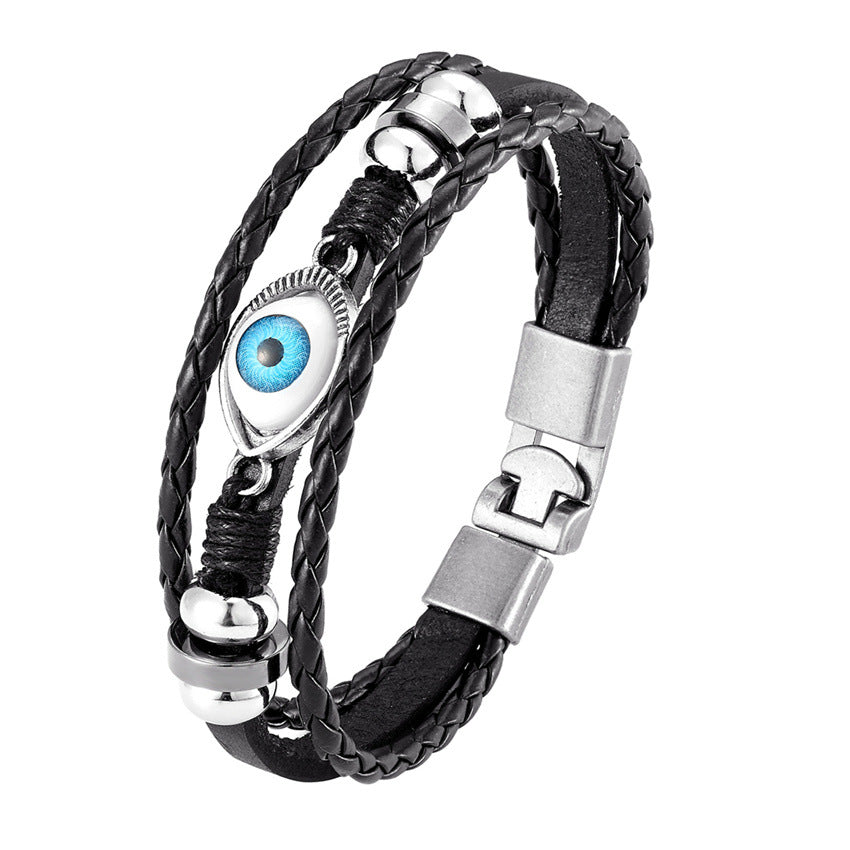 Multi-Layer Beaded Demon Eye Bracelet Double Buckle Leather Bracelet