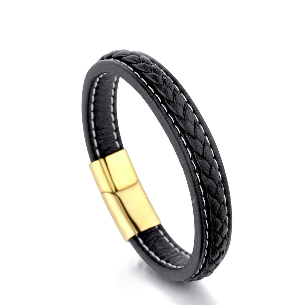 Cross Woven Design Leather Bracelet Stainless Steel Magnetic Buckle Bracelet