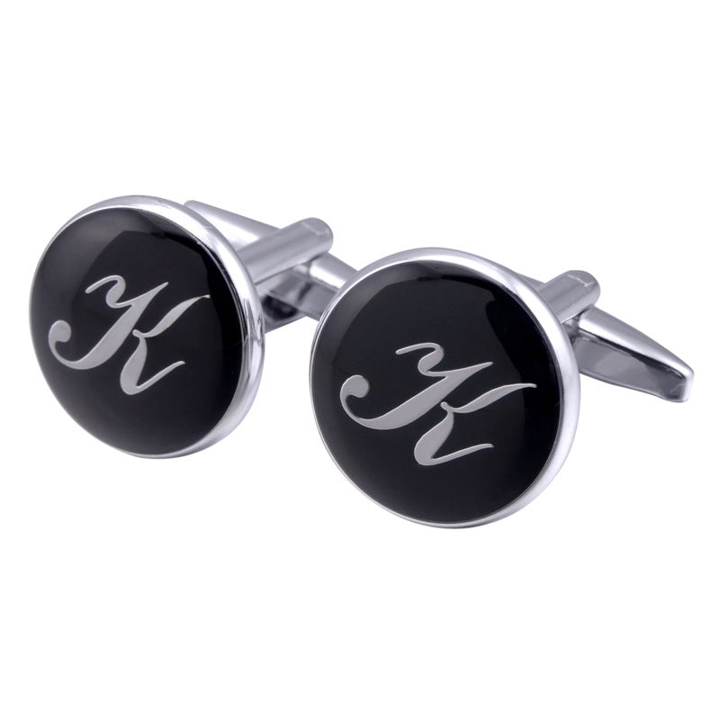 French Cufflinks Black Round Enamel Traditional Letter Cufflinks