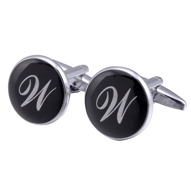 French Cufflinks Black Round Enamel Traditional Letter Cufflinks